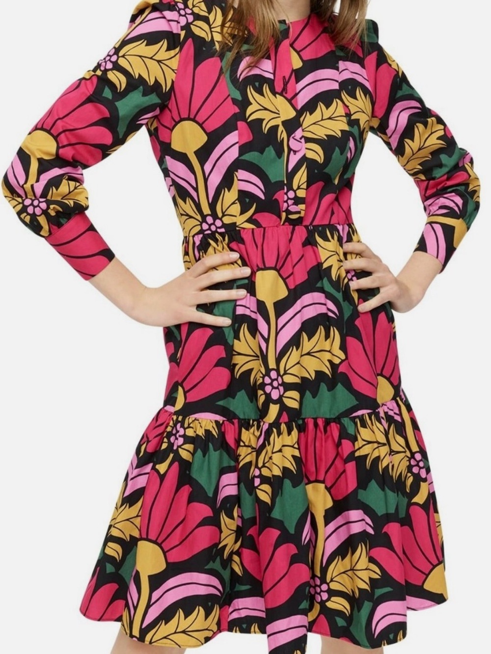 J. Crew Long-Sleeve Tiered Floral Dress in Pink, Black & Gold